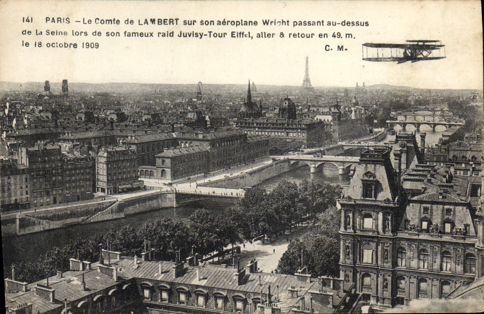 CPA Avion Aviation Paris Le comte de Lambert sur son aeroplane Wright passant au dessus de la Seine 