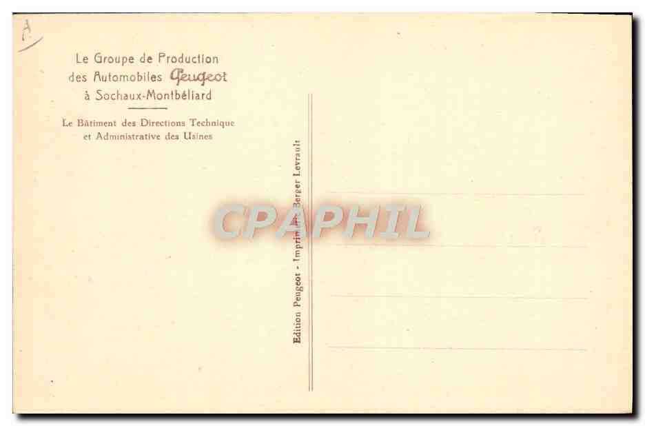 CPA Automobile Groupe de production des automobiles Peugeot a Sochaux Montbeliard Batiment des directions techniques — Verso