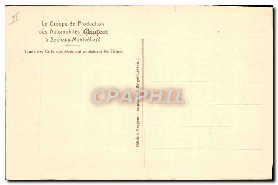 CPA Automobile Groupe de production des automobiles Peugeot a Sochaux Montbeliard L'un des cites ouvrieres  — Verso