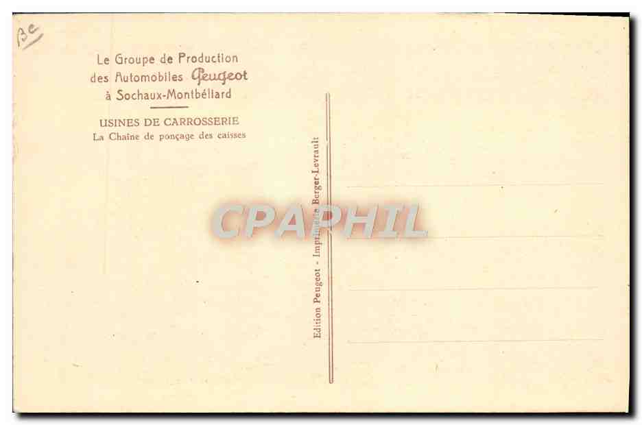 CPA Automobile Groupe de production des automobiles Peugeot a Sochaux Montbeliard Usines de Carrosserie Chaine Poncage — Verso