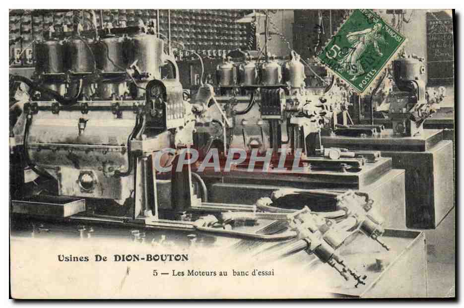Tarjeta postal antigua Automóvil Puteaux Fábrica de Dion Bouton Los motores en el banco de pruebas