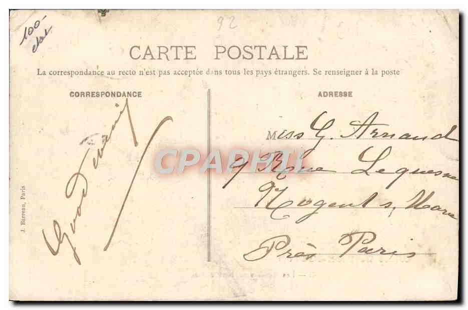 Tarjeta postal antigua Automóvil Puteaux Fábrica de Dion Bouton Los motores en el banco de pruebas — Reverso