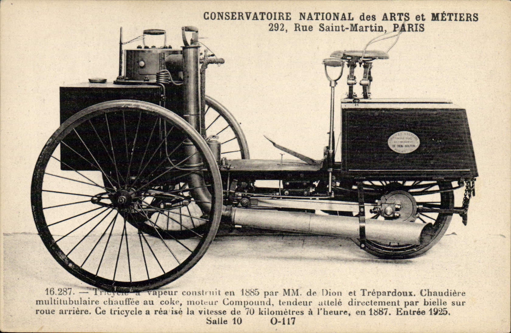 CPA Automobile Conservatoire National des Arts et Metiers Rue Saint Martin Paris Tricycle a vapeur 1885