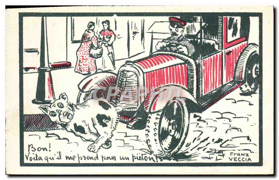 CPA Automobile Chien Illustrateur Franz Veccia 