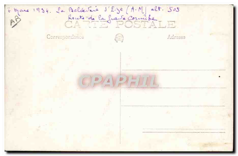 CARTE PHOTO Automobile Le Belvedere d'Eze Route de la Grande Corniche  — Verso
