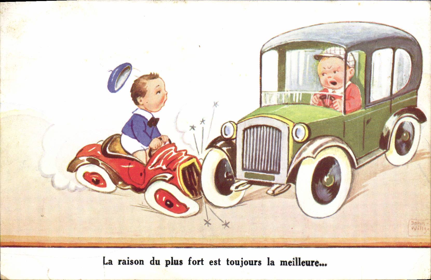 Deux enfants en voiture — dessin de John Willson — éditeur non visible
