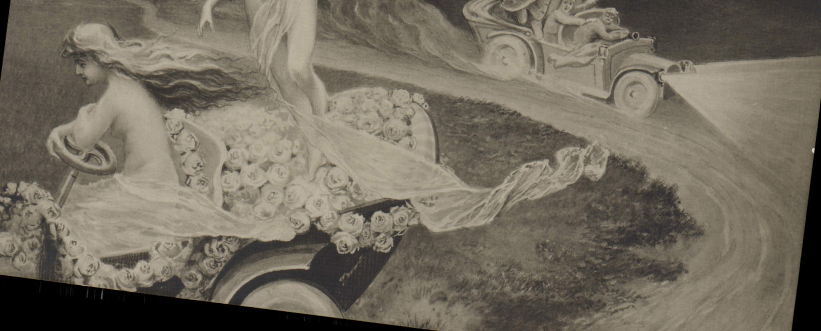 Femme au volant d'une voiture décorée de roses — illustration — CPAPHIL