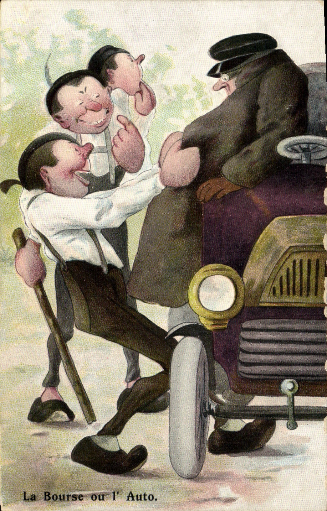 La Bourse ou l'Auto — caricature de spéculateurs et conducteur — Weltpostverein, n° 391