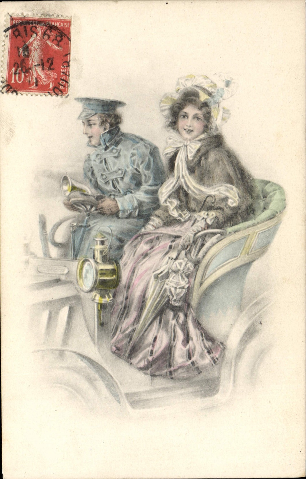 Coupé automobile — couple en tenue d'époque — éditeur CPAPHIL, série 1134, n°2