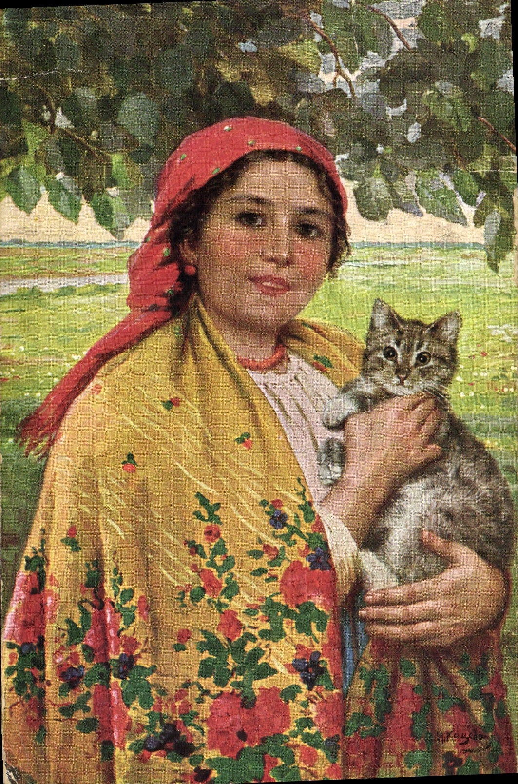 CPA Illustrateur Mazkewitsch Femme Chat chaton 