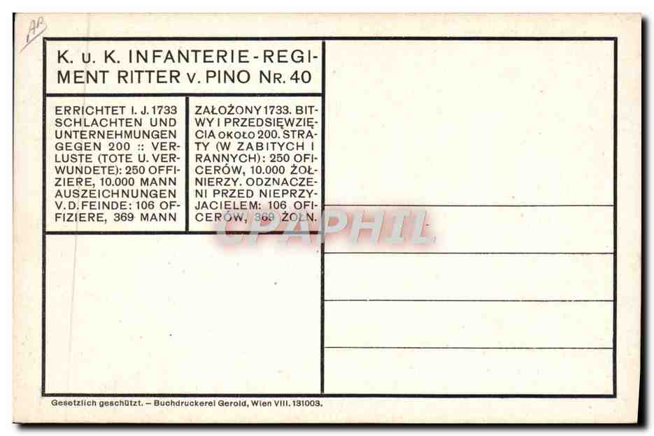 CPA Illustrateur K u K Infanterie Regiment Ritter v Pino Nr 40 Miltiaria  — Rückseite