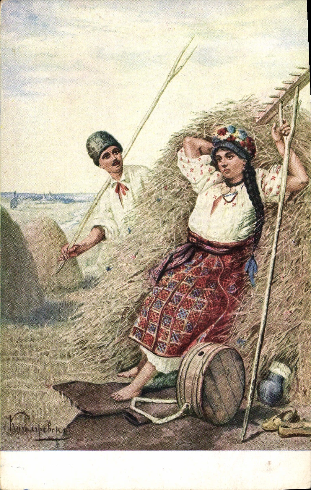 CPA Illustrateur Kotljarewski In der Heuernte Folklore