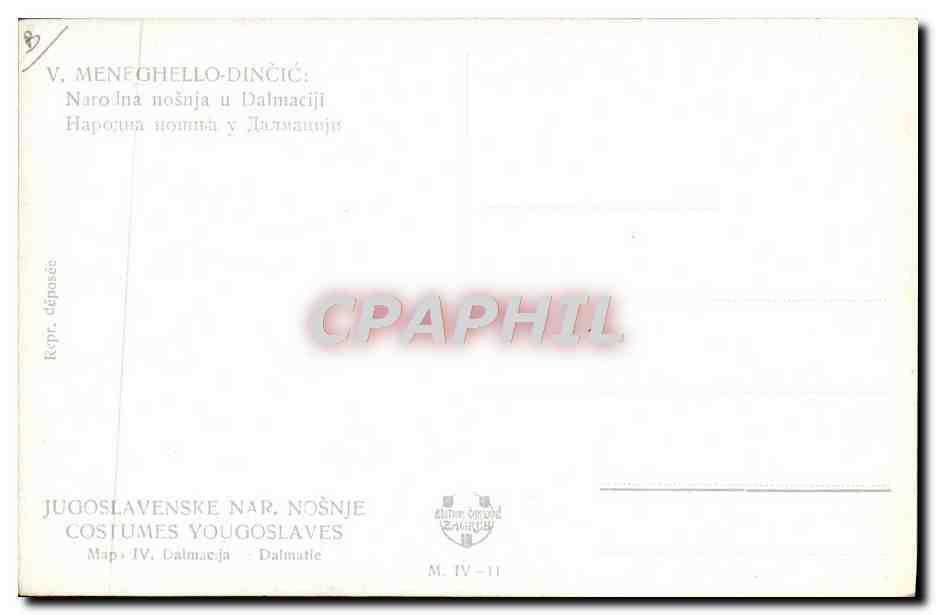 CPA Illustrateur Meneghello Dincic Narodna nosnja u Dalmaciji Yougoslavie — Rückseite