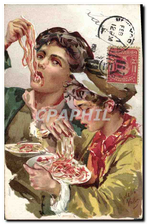 CPA Illustrateur Enfants mangeant des spaghetti Folklore Italie