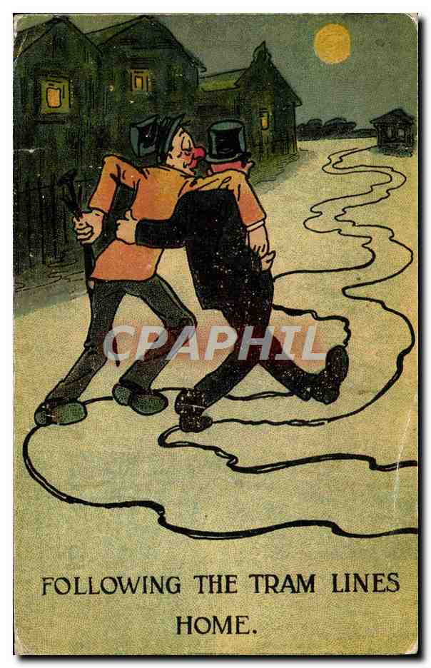 CPA Illustrateur Following the tram lines Home 