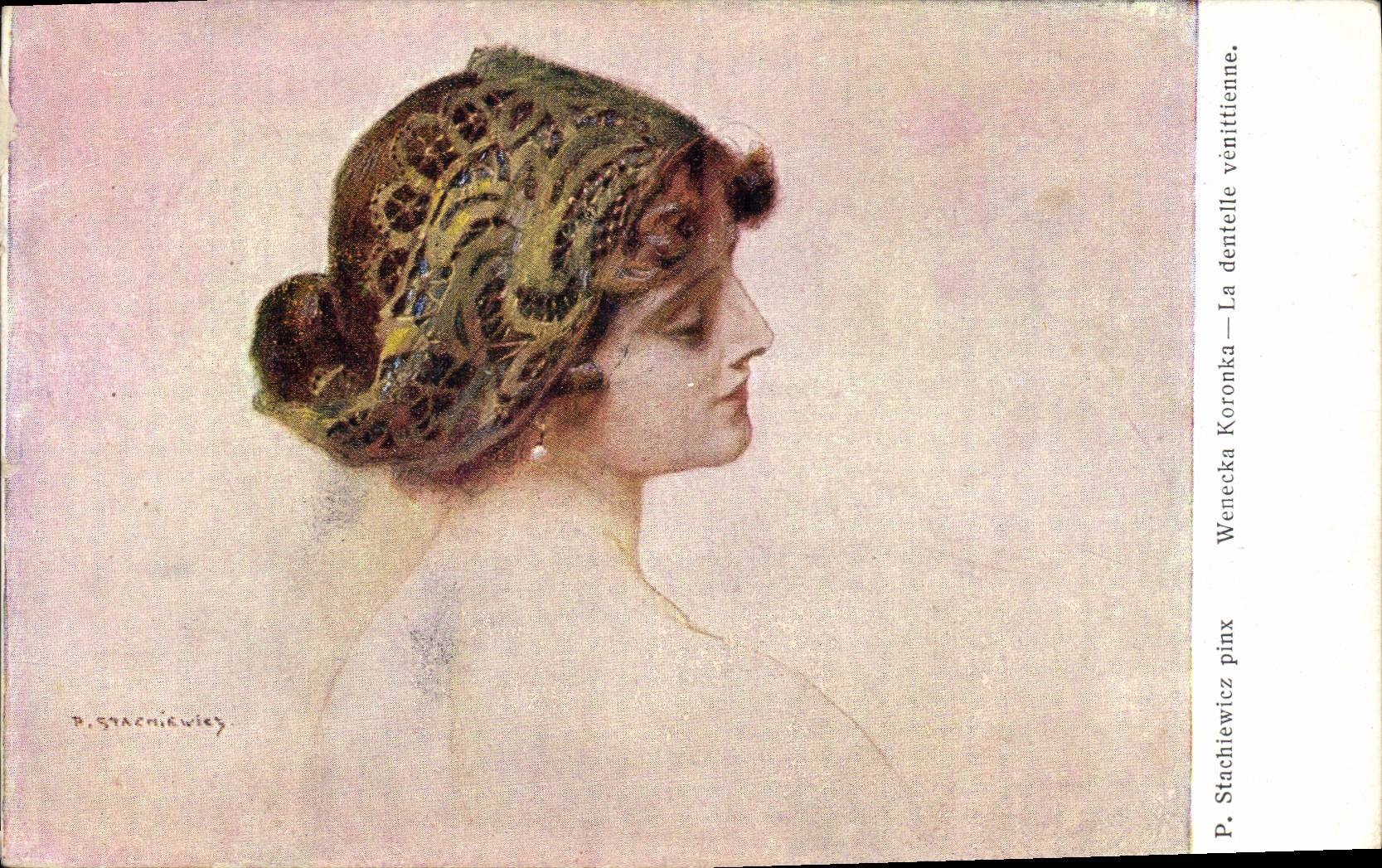 Jeune femme en coiffe ornée — P. Stachiewicz — Éditeur : Wydawnictwo Salonu Warty Polskich w Krakowie