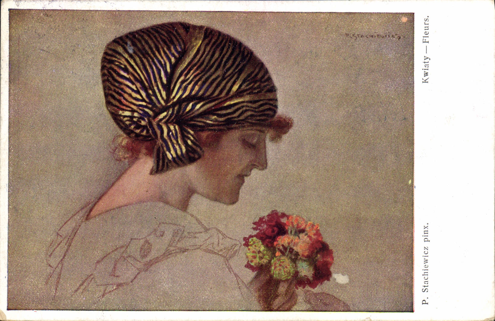 Frau im gestreiften Turban — Blumen — P. Stachiewicz pinx.