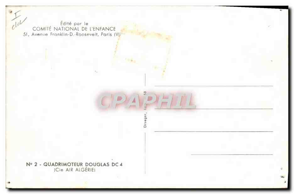 CPM Avion Aviation Quadrimoteur Douglas DC4 Cie Air Algerie — Rückseite