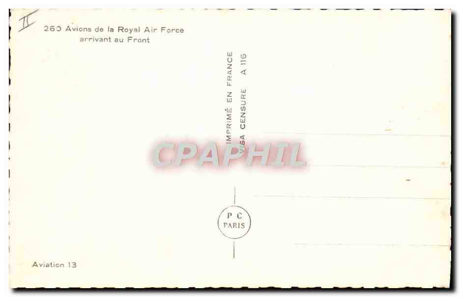 CPM Avion Aviation 260 avions de la Royal Air Force arrivant au front — Verso