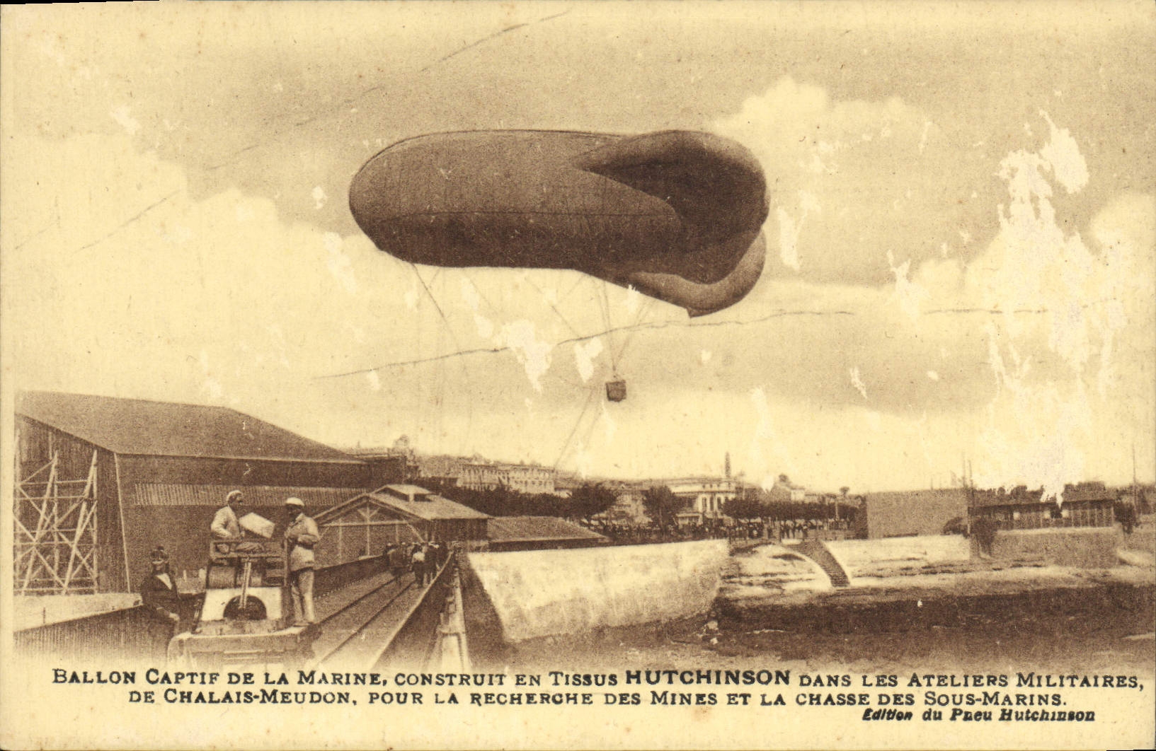 CPA Avion Aviation Ballon captif de la Marine Tissus Hutchinson Ateliers militaires de Chalais Meudon Sous marins