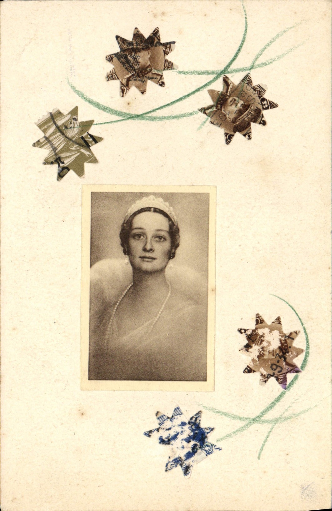 Portrait d'une femme — décor de timbres découpés — éditeur CPAPHIL
