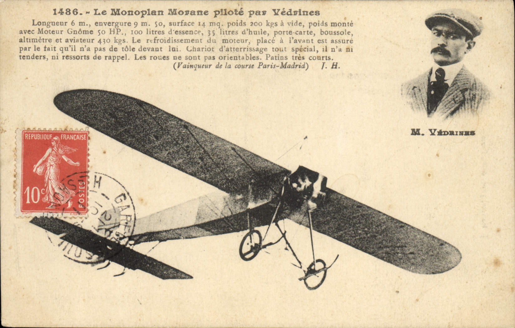 CPA Avion Aviation Monoplan Morane pilote par Vedrines