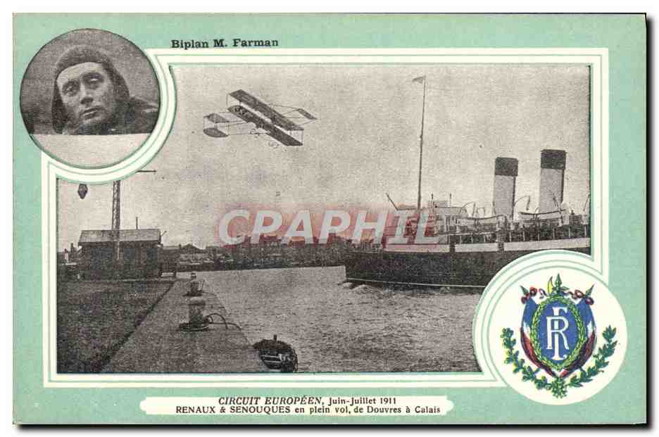 CPA Avion Aviation Biplan Farman Circuit europeen Juin Juillet 1911 Renaux a Senouques en plein vol Douvres a Calais 