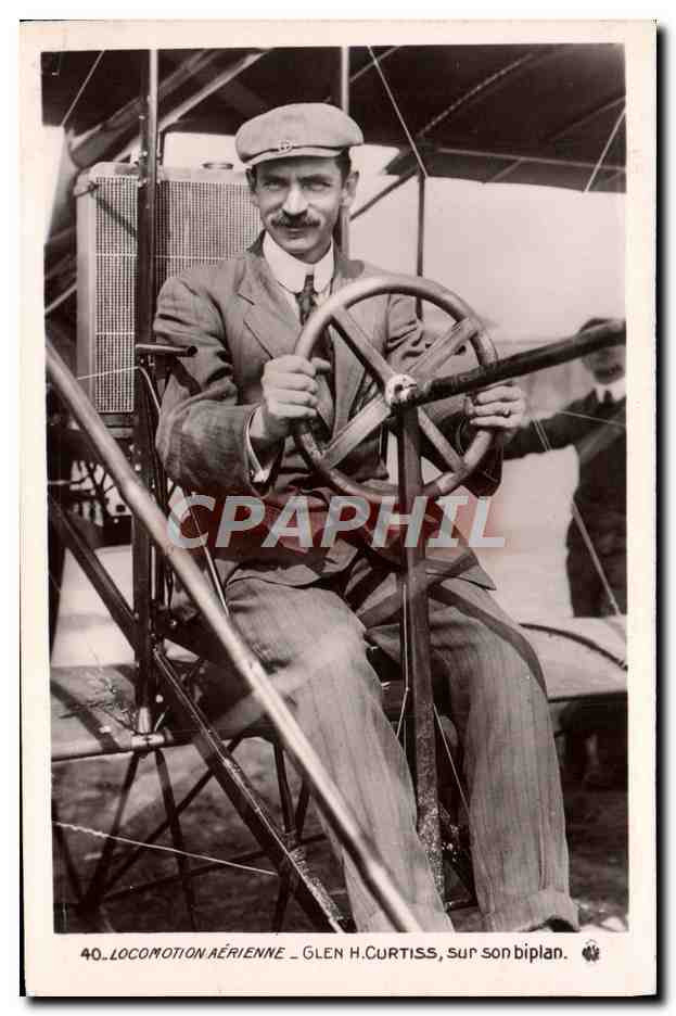 CPA Avion Aviation Glen H Curtiss sur son biplan