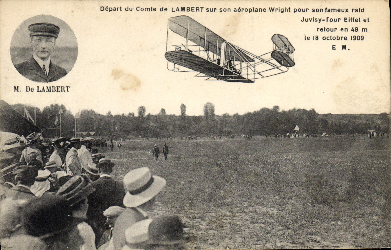 CPA Avion Aviation Depart du comte de Lambert sur son aeroplane Wright Raid Juvisy Tour Eiffel 