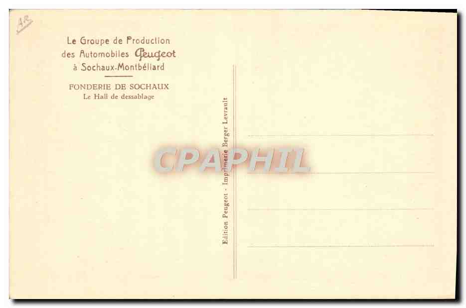 CPA Automobile Groupe de production des automobiles Peugeot Sochaux Montbeliard Fonderie de Sochaux  — Verso