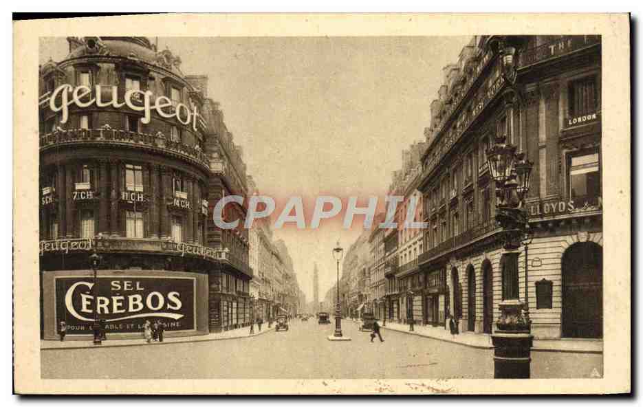 Paris - Rue de la Paix et Colonne Vendôme — vue de rue avec enseigne Peugeot et Cerebos — éditeur Artus, Paris