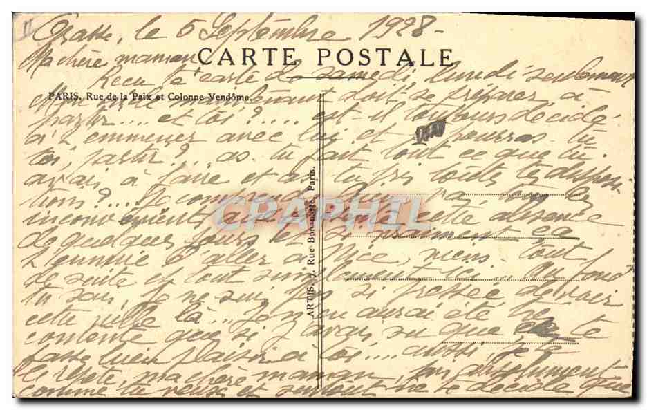 Paris - Rue de la Paix et Colonne Vendôme — vue de rue avec enseigne Peugeot et Cerebos — éditeur Artus, Paris — Verso