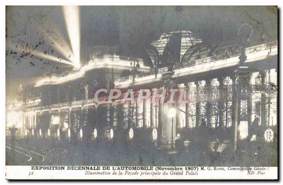 CPA Automobile Exposition decennale de l'automobile Novembre 1907 Illumination de la facade principale du Grand Palais 
