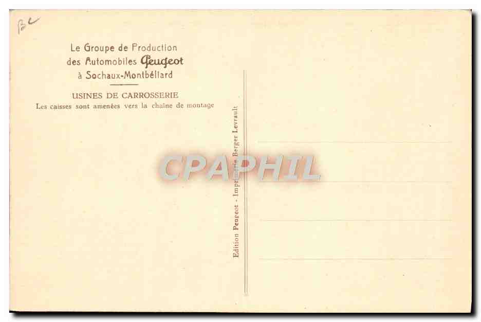 CPA Automobile Groupe de production des automobiles Peugeot Sochaux Montbeliard Carrosserie  — Verso