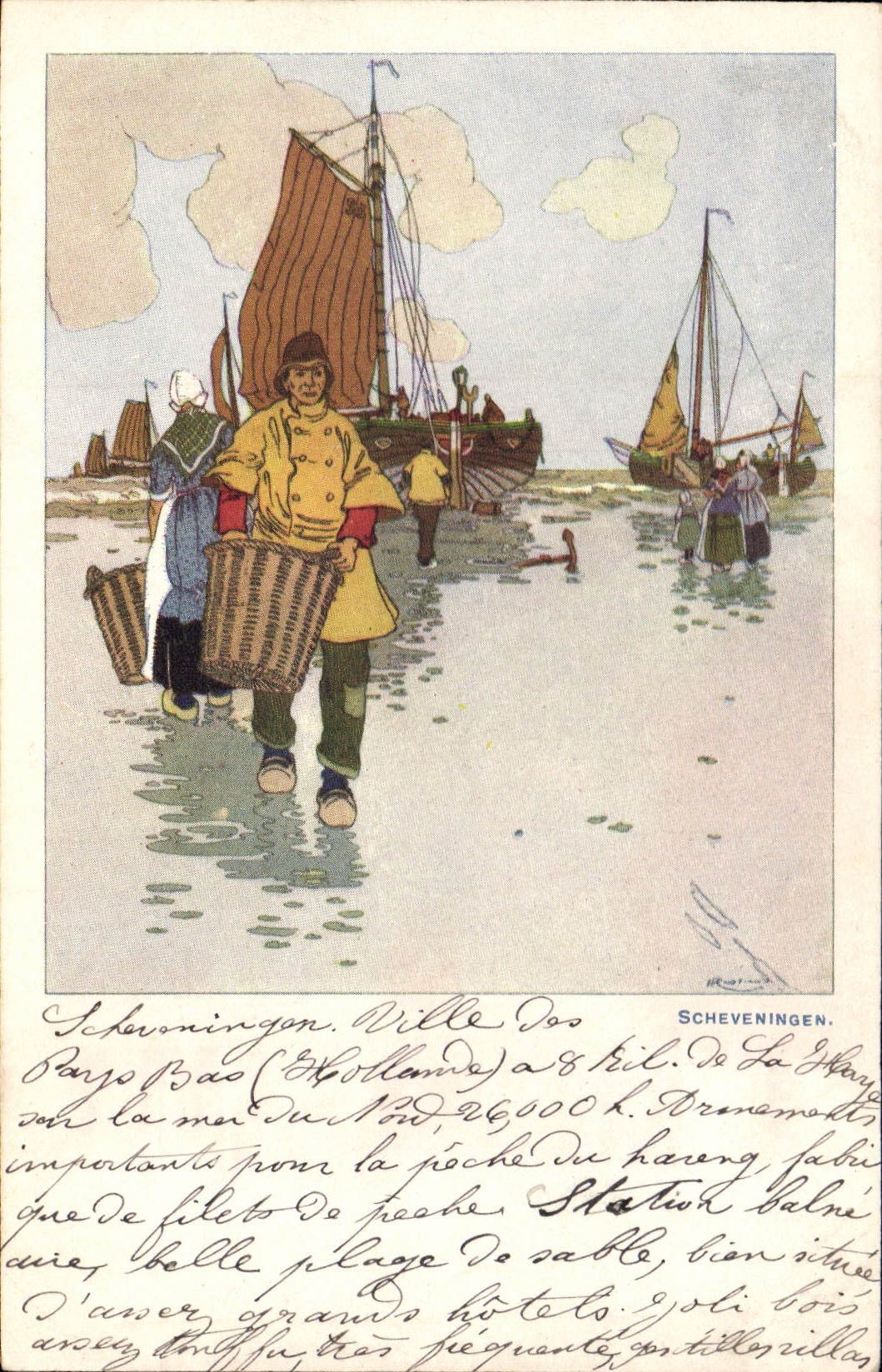 CPA Illustrateur Peche Pecheur Scheveningen Bateau 