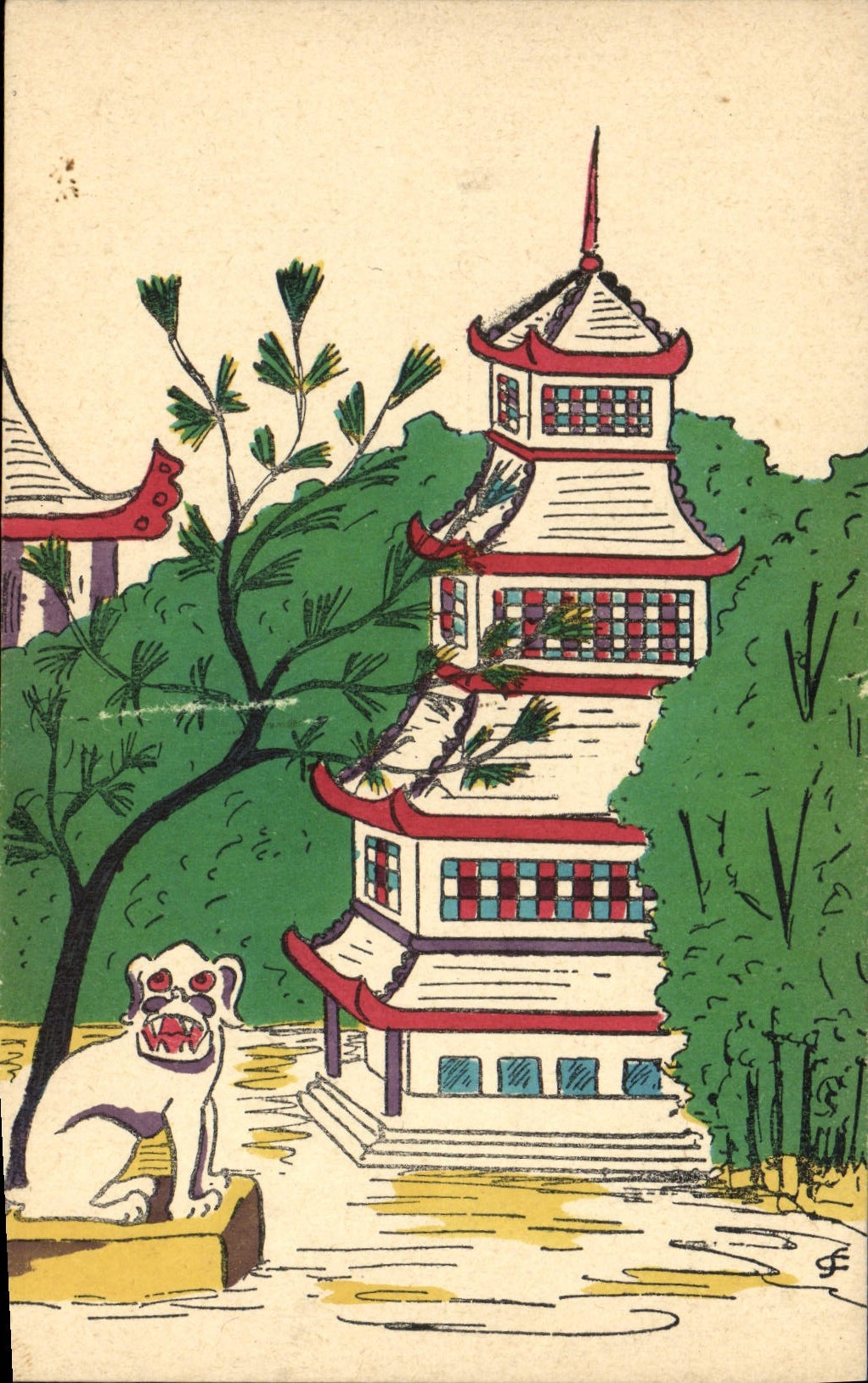 CPA Japon Nippon Temple Missions Lion