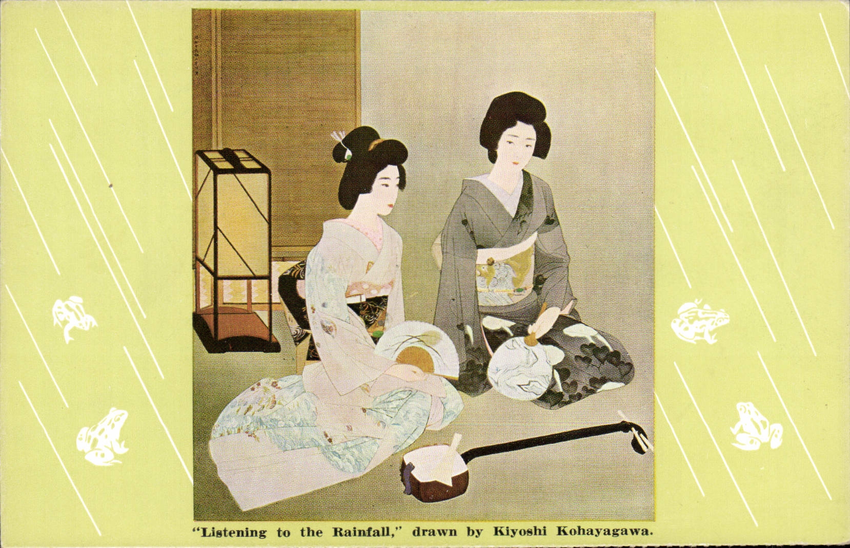 Zwei Geishas, die dem Regen lauschen — Zeichnung von Kiyoshi Kohayagawa — Verlag Mykine Line