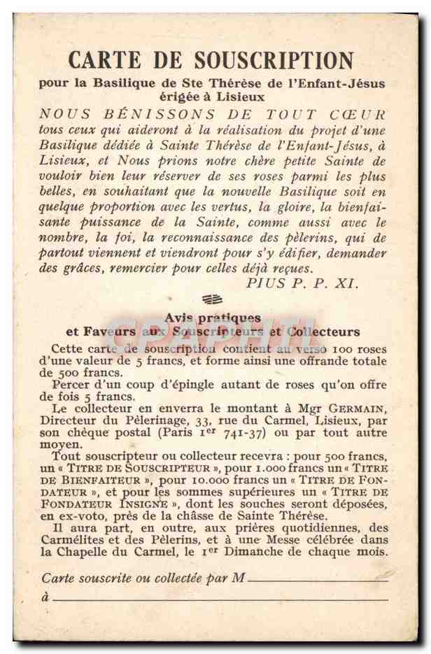CPA Carte De Souscription Pour La Basilique De Ste Therese De I Enfant Jesus Erigee A Lisieux — Verso
