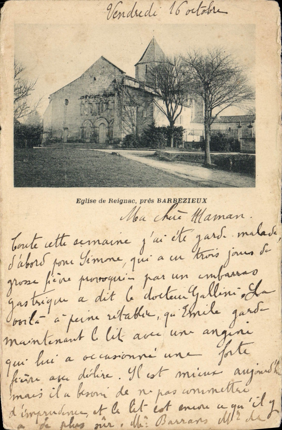 Église de Reignac, près BARBEZIEUX — vue de l'édifice avec inscription et date manuscrite — éditeur non identifié