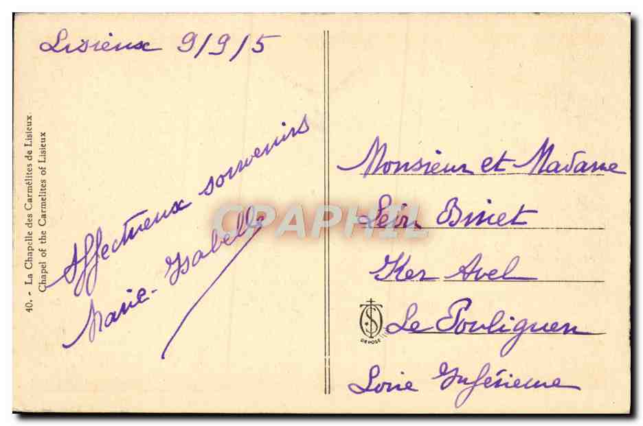 CPA Lisieux La chapelle des Carmelites de Lisieux — Verso