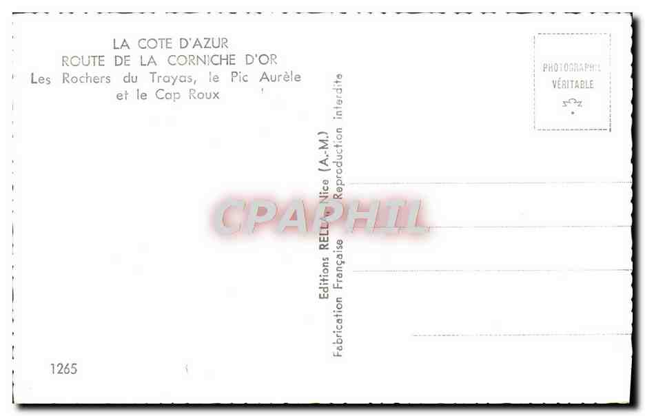 Les Rochers du Trayas et le Cap Roux — Route de la Corniche d'Or — Éditions Rella, Nice — Verso