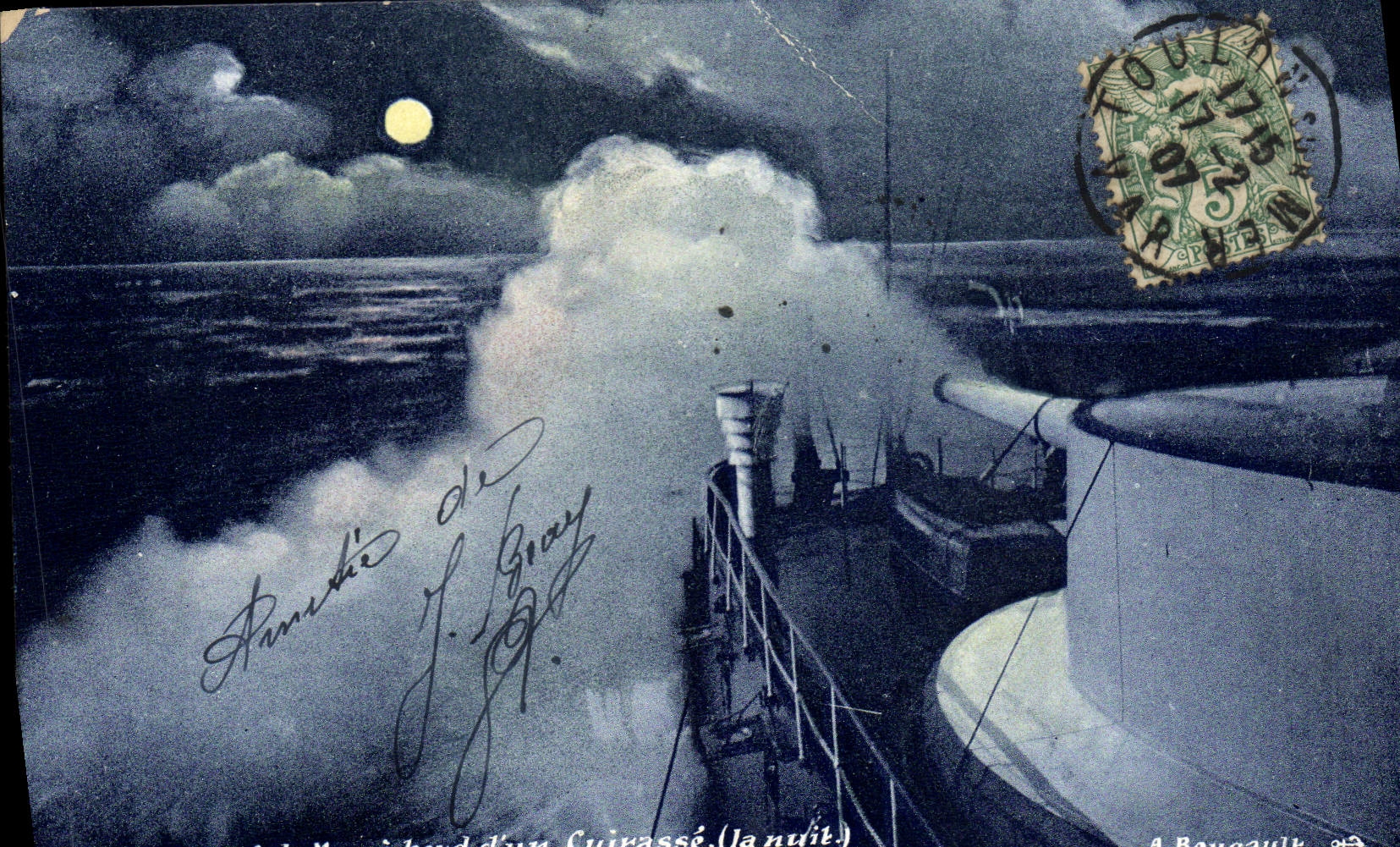 CPA Bateau Un paquet de mer a bord d'un cuirasse La nuit 