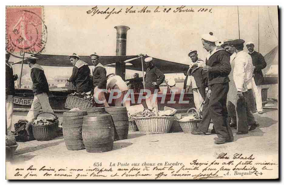 Paisaje portuario en Salmur — marineros y barriles — A. Bougault, n°654