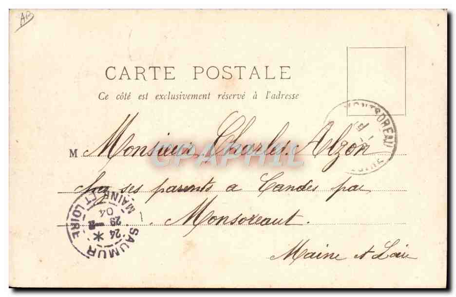 Paisaje portuario en Salmur — marineros y barriles — A. Bougault, n°654 — Reverso