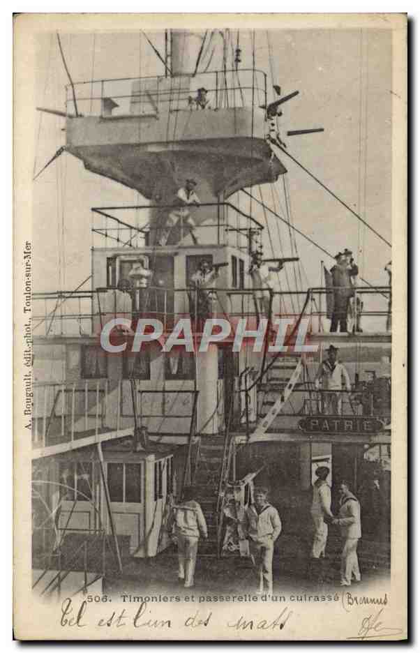 CPA Bateau Timoniers et passerelle d'un cuirasse