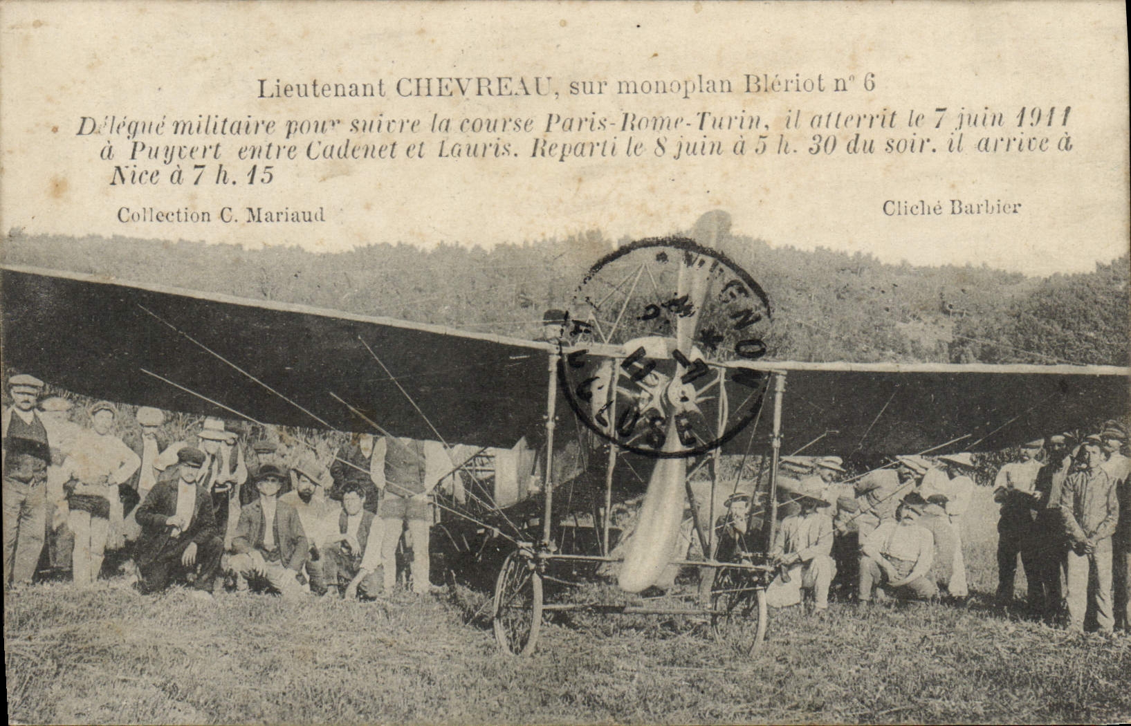 CPA Avion Aviation Lieutenant Chevreau sur monoplan Bleriot Cours Paris Rome Turin 