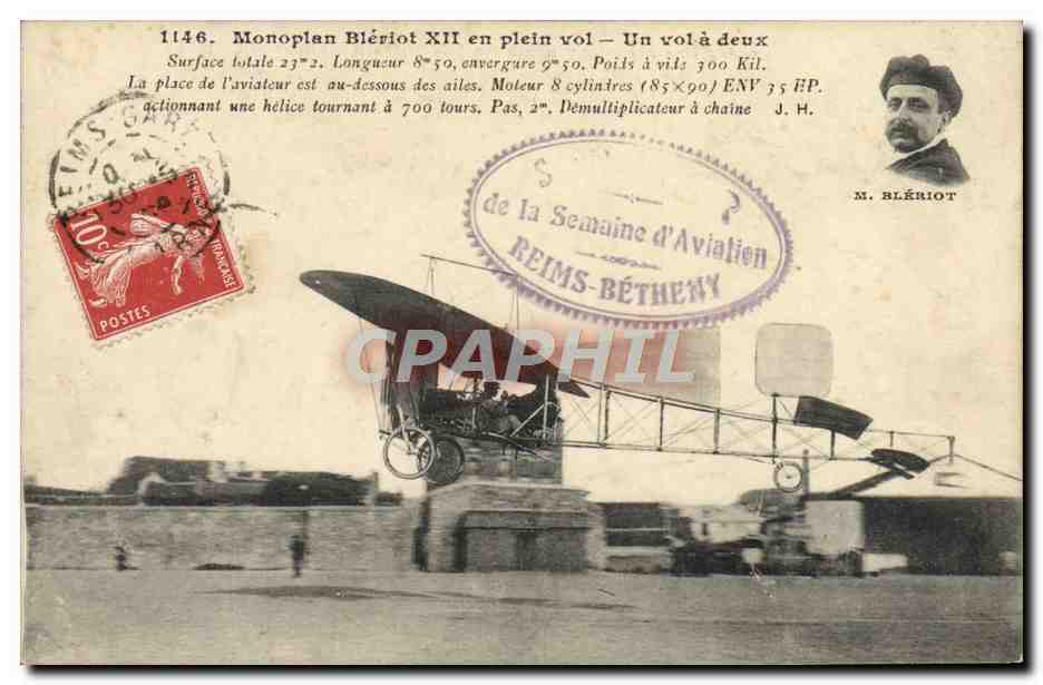 CPA Avion Aviation Monoplan Bleriot XII en plain vol Un vol a deux Reims Betheny