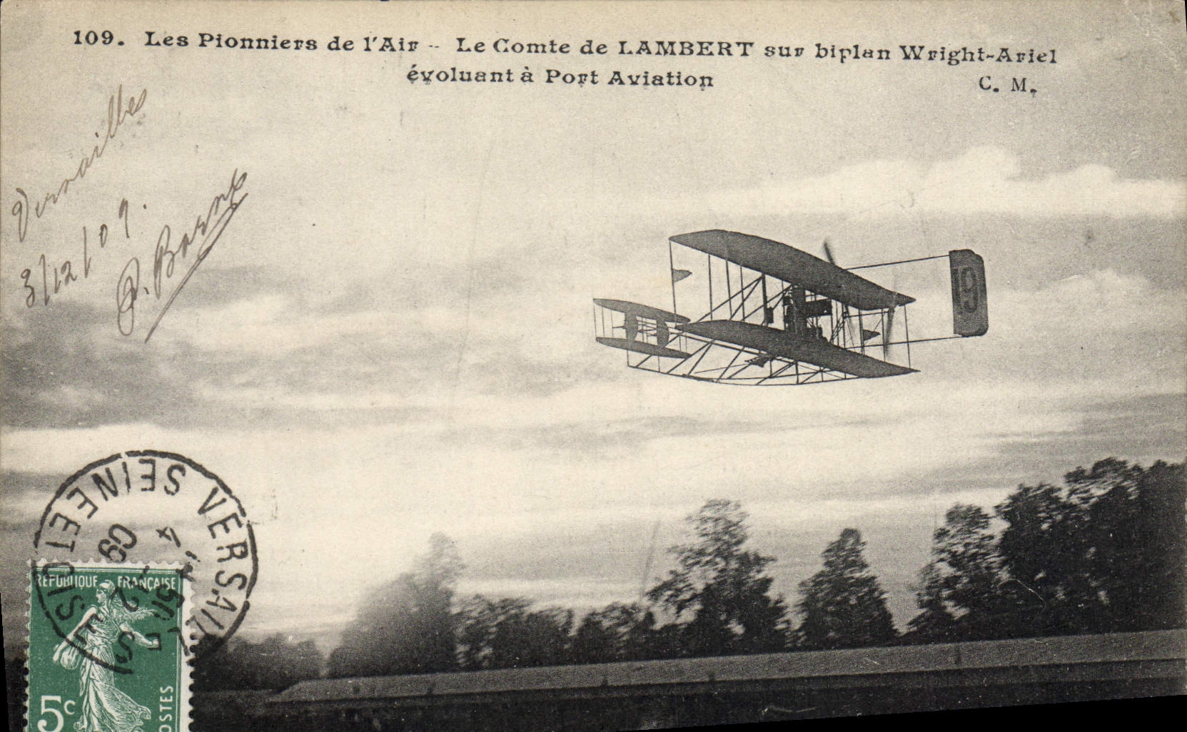 CPA Avion Aviation Le comte de Lambert sur biplan Wright Ariel evoluant a Port Aviation