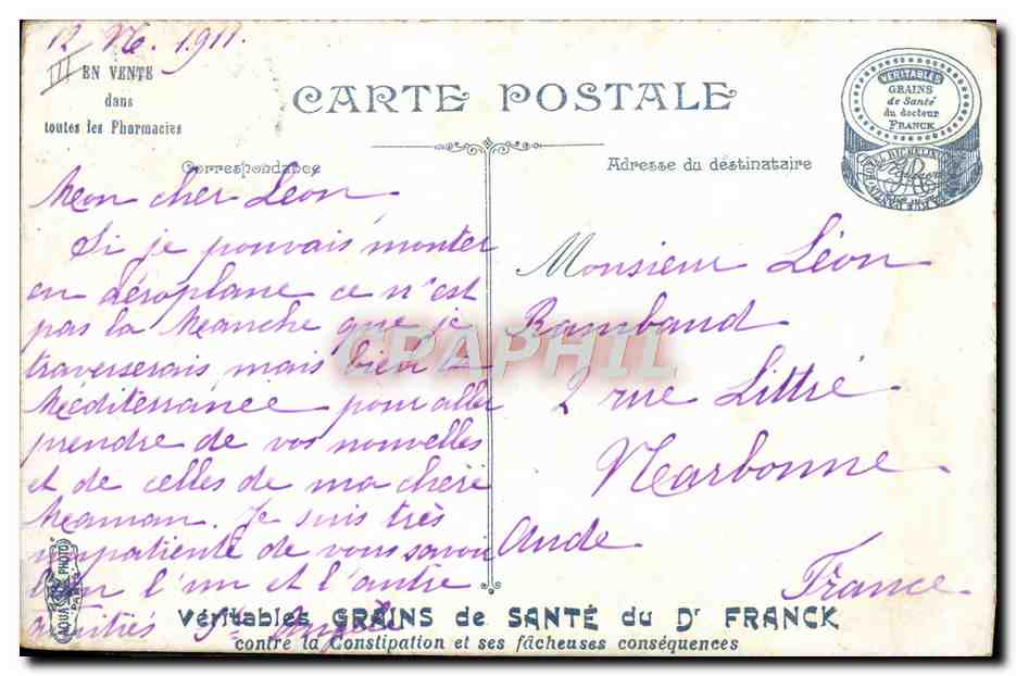 CPA Avion Aviation Traversee de la Manche Endroit ou est passe Bleriot avant d'atterir a Douvres  — Verso
