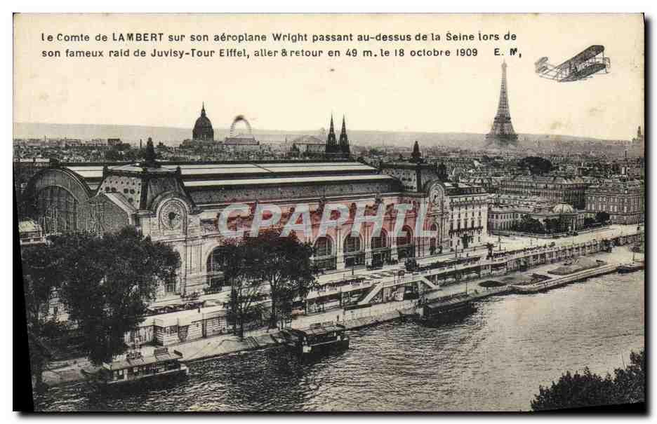 CPA Avion Aviation Le comte de Lambert sur son aeroplane Wright passant au dessus de la Seine Tour Eiffel
